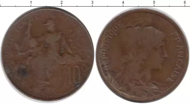 Монета 10 сантим Франции 1916 года Бронза