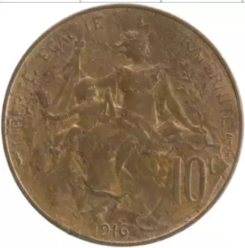 Монета 10 сантим Франции 1916 года Бронза