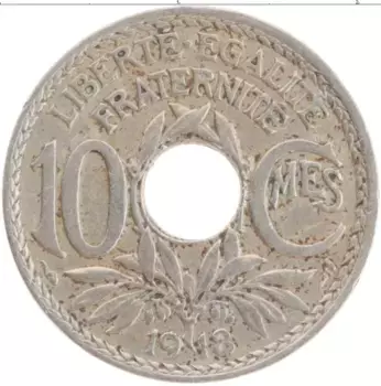 Монета 10 сантим Франции 1918 года Медно-никель