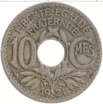 Монета 10 сантим Франции 1921 года Медно-никель