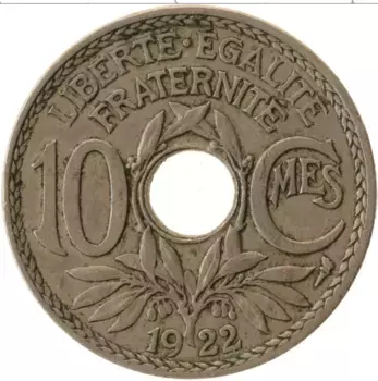 Монета 10 сантим Франции 1922 года Медно-никель