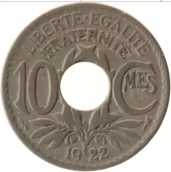 Монета 10 сантим Франции 1922 года Медно-никель