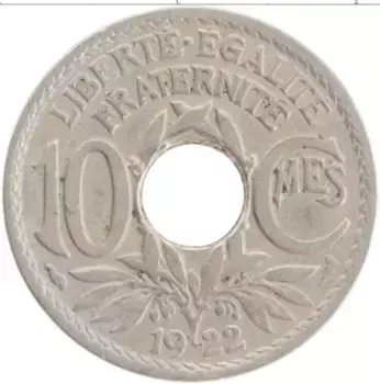 Монета 10 сантим Франции 1922 года Медно-никель Колпак
