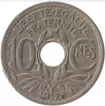 Монета 10 сантим Франции 1928 года Медно-никель