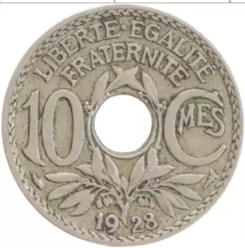 Монета 10 сантим Франции 1928 года Медно-никель