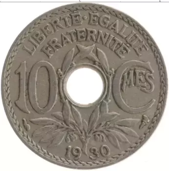 Монета 10 сантим Франции 1930 года Медно-никель