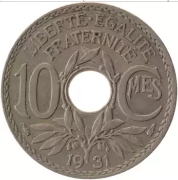 Монета 10 сантим Франции 1931 года Медно-никель