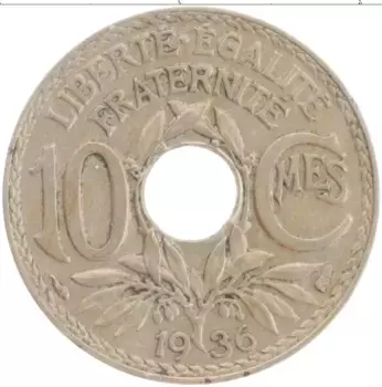 Монета 10 сантим Франции 1936 года Медно-никель