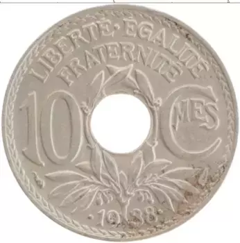 Монета 10 сантим Франции 1938 года Медно-никель