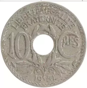 Монета 10 сантим Франции 1938 года Медно-никель