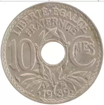 Монета 10 сантим Франции 1939 года Медно-никель