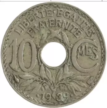 Монета 10 сантим Франции 1939 года Медно-никель