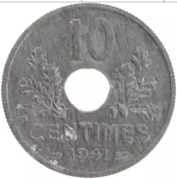 Монета 10 сантим Франции 1941 года Цинк