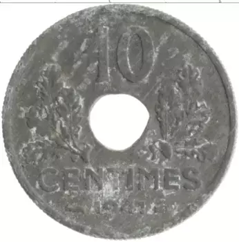 Монета 10 сантим Франции 1941 года Цинк Немецкая оккупация