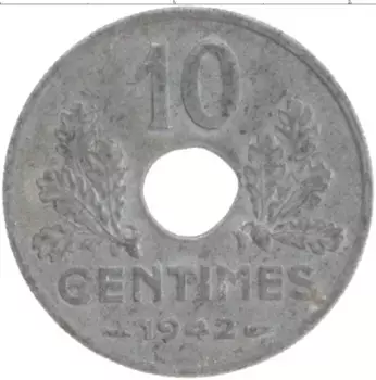 Монета 10 сантим Франции 1942 года Цинк
