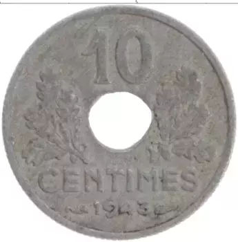 Монета 10 сантим Франции 1943 года Цинк