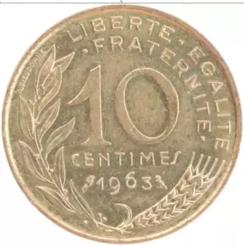 Монета 10 сантим Франции 1963 года Бронза