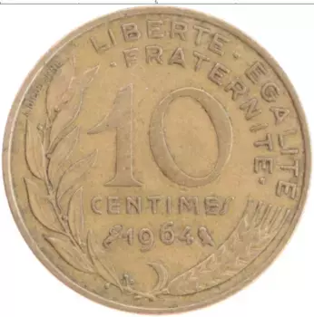 Монета 10 сантим Франции 1964 года Бронза