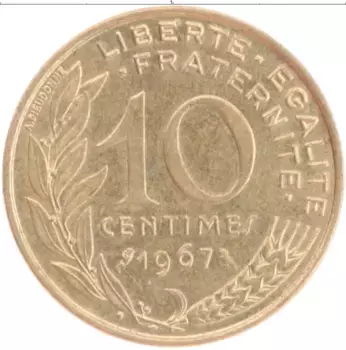Монета 10 сантим Франции 1967 года Бронза