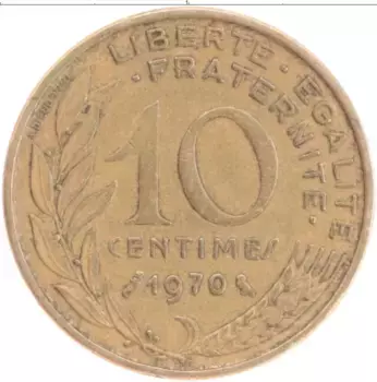 Монета 10 сантим Франции 1970 года Бронза