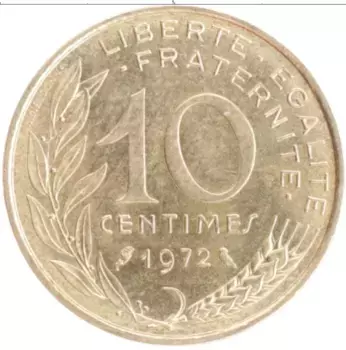 Монета 10 сантим Франции 1972 года Латунь