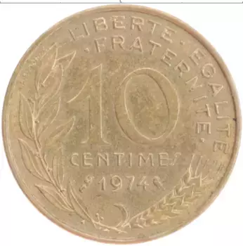 Монета 10 сантим Франции 1974 года Бронза