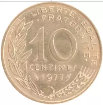 Монета 10 сантим Франции 1977 года Бронза