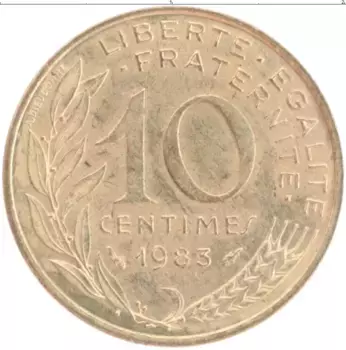 Монета 10 сантим Франции 1983 года Бронза