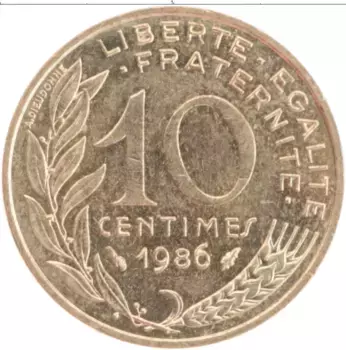 Монета 10 сантим Франции 1986 года Бронза