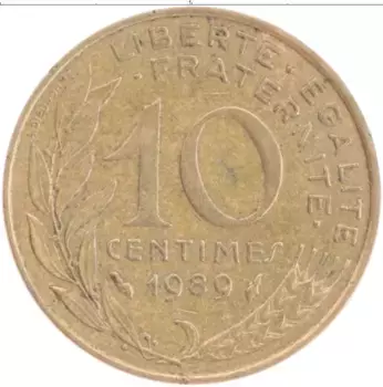 Монета 10 сантим Франции 1989 года Бронза