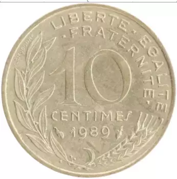 Монета 10 сантим Франции 1989 года Латунь