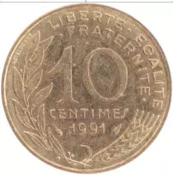 Монета 10 сантим Франции 1991 года Бронза