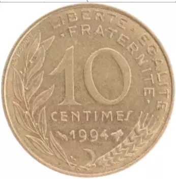 Монета 10 сантим Франции 1994 года Бронза