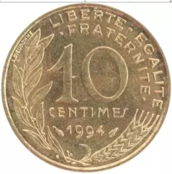Монета 10 сантим Франции 1994 года Латунь