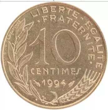 Монета 10 сантим Франции 1994 года Латунь