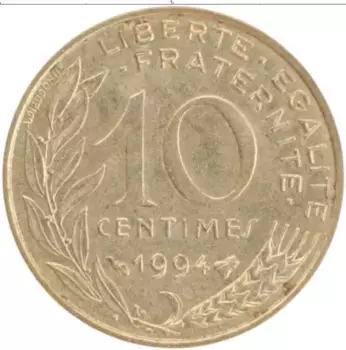 Монета 10 сантим Франции 1994 года Латунь