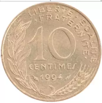 Монета 10 сантим Франции 1994 года Латунь