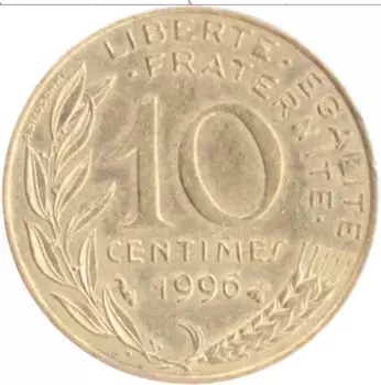Монета 10 сантим Франции 1996 года Латунь