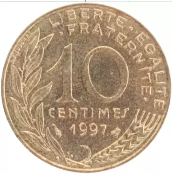 Монета 10 сантим Франции 1997 года Латунь