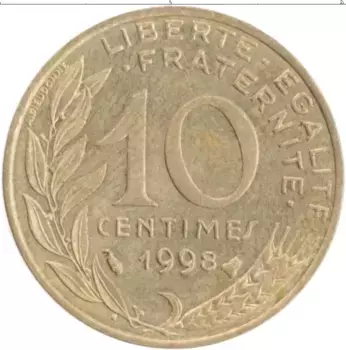 Монета 10 сантим Франции 1998 года Латунь