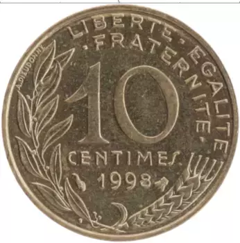 Монета 10 сантим Франции 1998 года Латунь