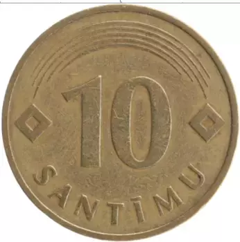 Монета 10 сантим Латвии 1992 года Латунь