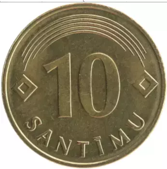 Монета 10 сантим Латвии 1992 года Латунь