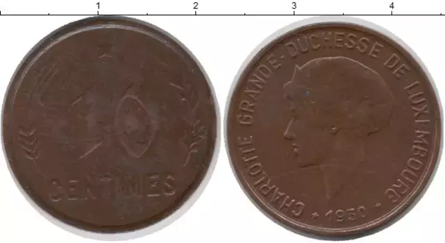 Монета 10 сантим Люксембурга 1930 года Бронза