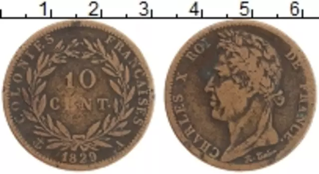 Монета 10 сантим Мартиники 1829 года Бронза Карл X