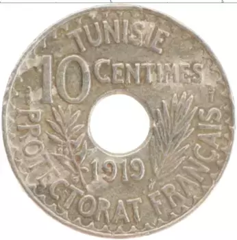Монета 10 сантим Туниса 1919 года Медно-никель