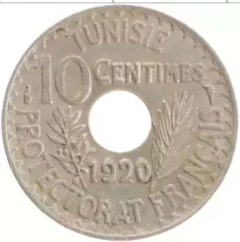 Монета 10 сантим Туниса 1920 года Медно-никель
