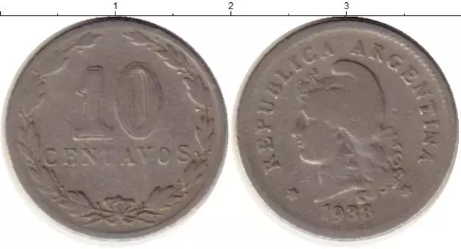 Монета 10 сентаво Аргентины 1938 года Медно-никель