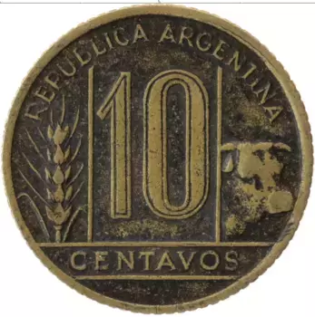 Монета 10 сентаво Аргентины 1943 года Латунь