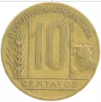 Монета 10 сентаво Аргентины 1945 года Бронза